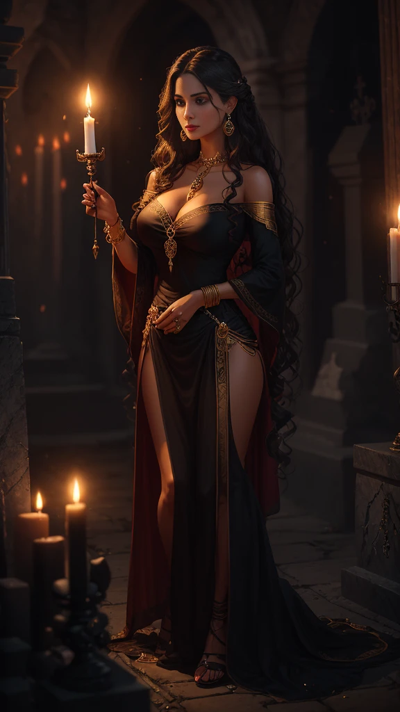 Create an image of a woman in the cemetery and tombs appear.
It has the following characteristics:
Western woman, expressive and striking face, with defined features and intense gaze.
Light brown skin, long, black and wavy hair, with a slight shine, loose or partially with ornaments.
Penetrating brown eyes, with an expression of mystery.
Full, red lips, conveying sensuality and confidence. Wear a long, voluminous period dress, black, with red and gold details.
Bodices and necklines that highlight femininity, but with a touch of class. In her hand a dagger. Accessories such as gold necklaces, large earrings, bracelets and rings with precious stones. The setting is a cemetery and has the presence of mystical elements such as lit candles and skulls on the floor, and red roses scattercross the floor.
An altar in the background, bottles of wine or liquor, and items such as skulls.
Night atmosre with soft full moon light, creating an aura of mystery and spirituality.Soft smoke all around,
Soft glow surrounds this woman, highlighting her spiritual and powerful presence.
witchcraft scenario and mysticism.
it is a divinity.
