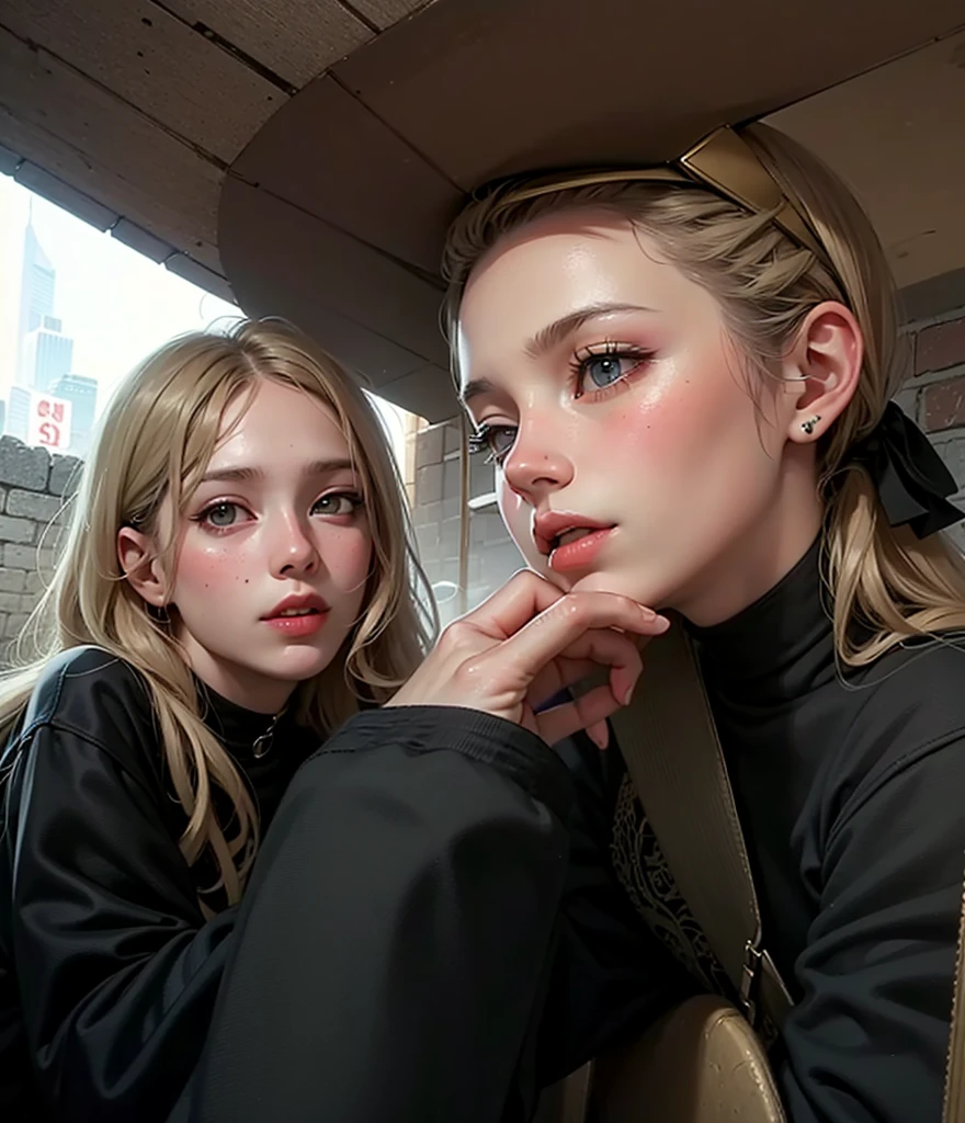 Ultra-realistic 8k CG, Masterpiece, ((ultra detailed background, delicate pattern, intricate detail)), Best Quality, intricate details, chromatic aberration, 1 girl, broad, Golden hair, messy hair, red reflections, hair over one eye, sharp eyes, choker, brick wall, graffiti, dim lighting, alley, oversized shirt,off the shoulder, see through white shirt, Masterpiece, Best Quality