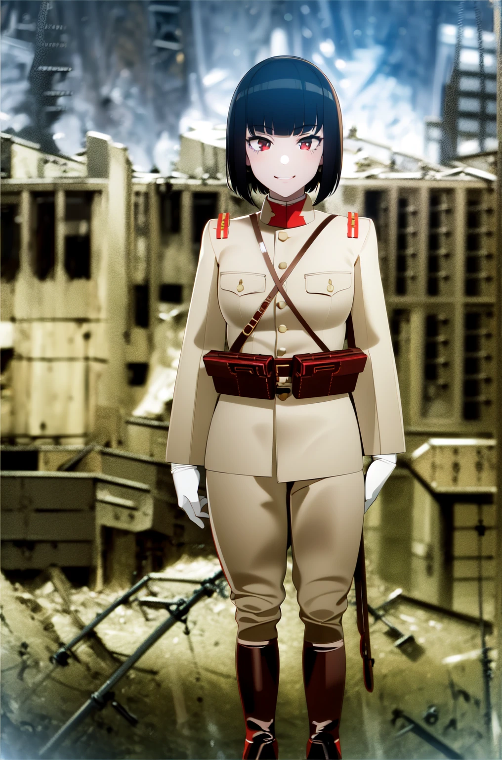 masterpiece, Highest quality, Absurd, High resolution, Very detailed, One Girl, alone, Cowboy Shot, ((IJA Taisho, Khaki uniform, Combatant,Golden Sling,General Positions, 左chestにメダル,)),Black long boots,medium chest,  chest,  Tight waist,  Black Hair,  Blunt bangs, Red eyes, Conceit,Wicked Smile,  White gloves, holster, Leather Belt Pouch, Abandoned city, Dilapidated Street, combustion, Night Sky, battlefield, crater,chestをはだけさせる、Fascinating face,