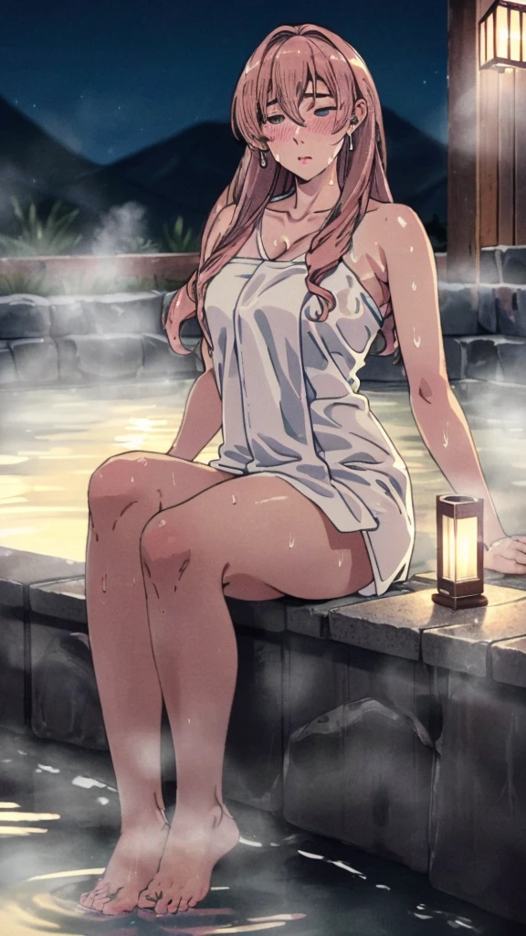 (((Ultra-high resolution))), masterpiece, Highest quality, 8K, accurate description, Carefully drawn, Attention to detail, ((Japanese open-air hot spring at night, Large ancient hot spring pool, Soak in a hot spring, vapor)), girl, White skin, Perfect Face, (light brown, Technical perms and dyeing, Wet, Extra long curly hair), ((Cute appearance)), Detailed depiction of facial features, Shining blue eyes, Long eyelashes, double eyelid, 有Sweat, Pink moisturized glossy lips, Shiny Earrings, Close your eyes and enjoy, blush, ((Mature Natural Body)), Beautiful body, Perfect body structure, Small breasts, Side milk, ((bath towel)), Alluring cleavage, Sweat, (Tired and resting), (Perfectly detailed hand-drawn rendering), (Slim and smooth legs), Perfect legs, soft side lighting, Cinematic atmosphere, Perfect composition, ((Full body image)), Rich environmental details, Dimly lit environment, 