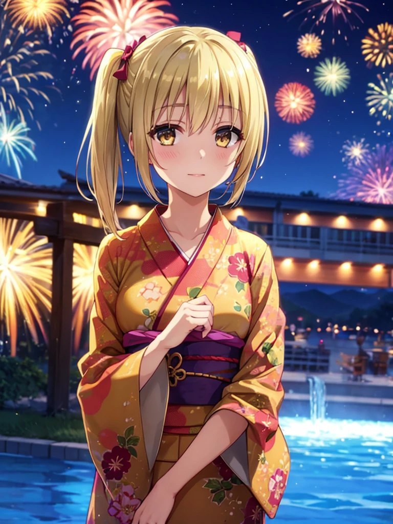 Kyoko , kimono night in firework , blonde hair, pigtailed haired , yellowish eyes