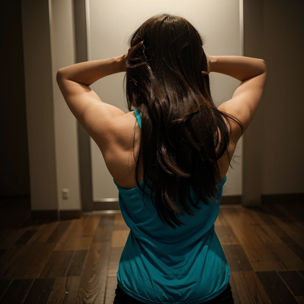 Woman facing away from her entire body with her arms facing away