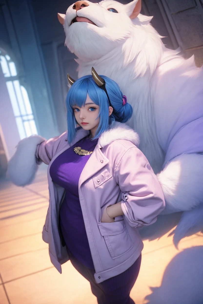 anthropomorphic wolf, purple hair and white fur, shiny purple eyes, dress, magic powers