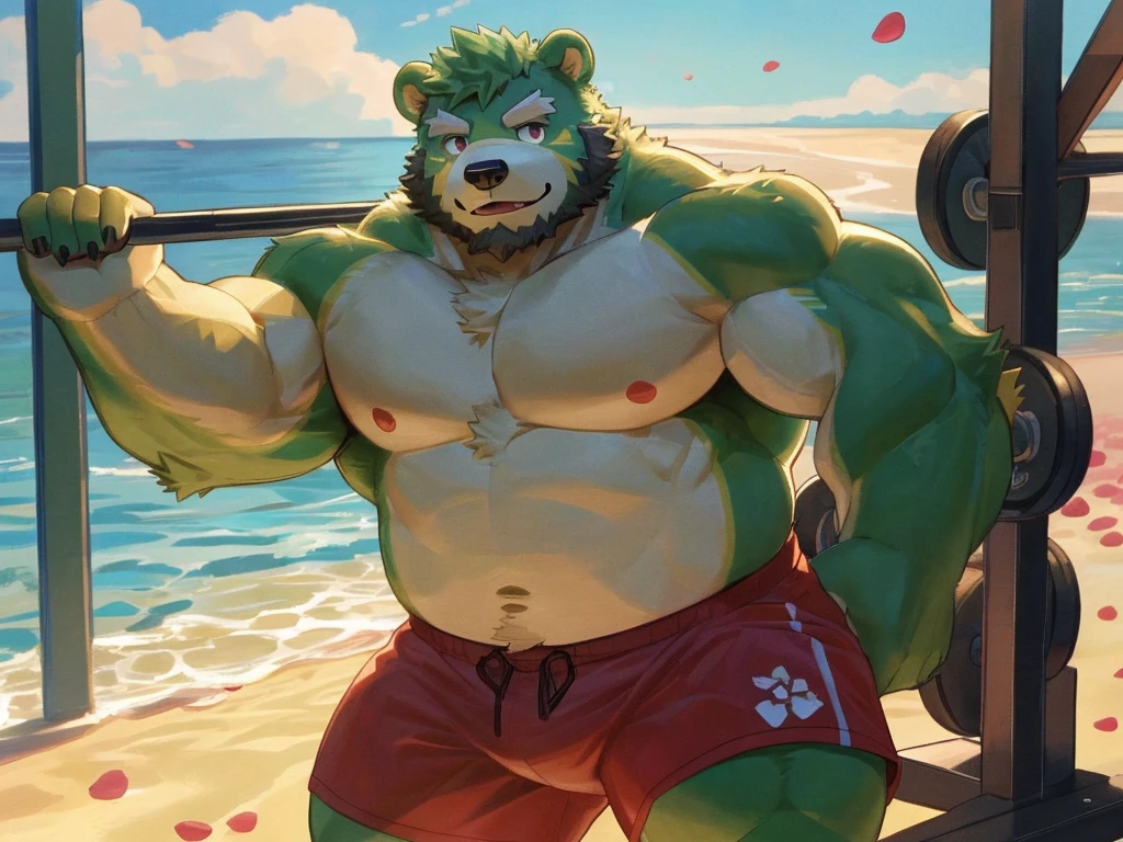 bara, furry, furry_male,male focus, solo, muscular male,  (((green bear))), (((green fur))), green hair, red eyes, beard, white eyebrows, body built, gym, selfie, work out, before the mirror,(masterpiece:1.2), best quality,pixiv,official art,(Ray tracing, light), (flower petal in the sky :1.3), (1_male:1.3), (solo:1.2) , portrait , (muscle), (muscle bear), (bear tail), (beard:1.2), (gleaming eyes), Thick eyebrows, shirtless, topless, gym shorts , Salar de Uyuni ,reflection, looking at viewer, full body ,beach , sea , sunny