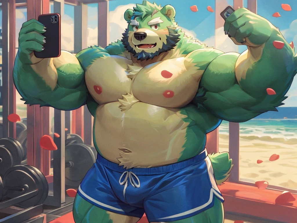 bara, furry, furry_male,male focus, solo, muscular male, (((green bear))), (((green fur))), green hair, red eyes, beard, white eyebrows, body built, gym, selfie, work out, before the mirror,(masterpiece:1.2), best quality,pixiv,official art,(Ray tracing, light), (flower petal in the sky :1.3), (1_male:1.3), (solo:1.2) , portrait , (muscle), (muscle bear), (bear tail), (beard:1.2), (gleaming eyes), Thick eyebrows, shirtless, topless, gym shorts , Salar de Uyuni ,reflection, looking at viewer, full body ,beach , sea , sunny