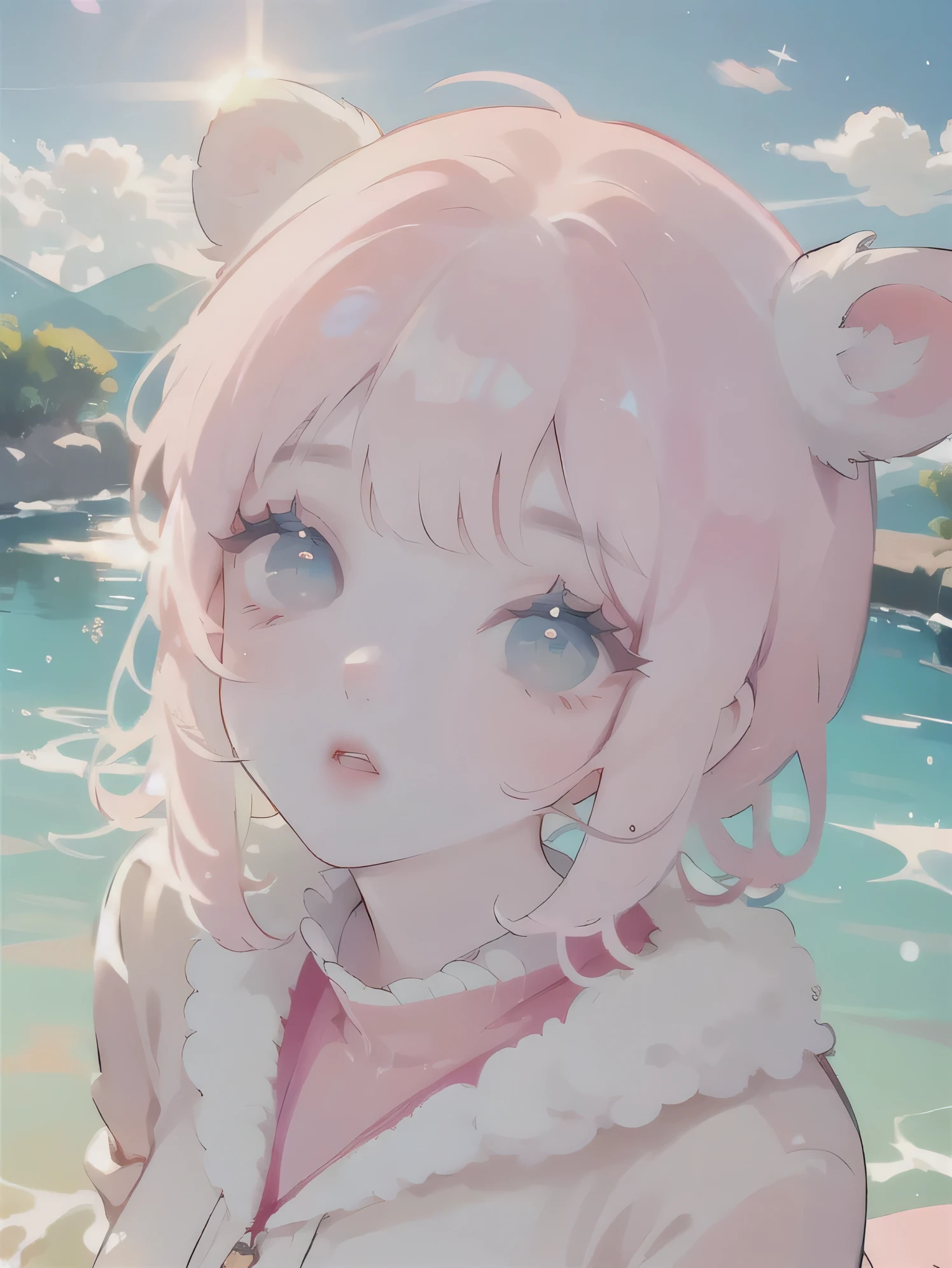 (high quality) (best quality) (a woman) (correct physiognomy) (perfect students) (perfect eyes) anime woman, deep pink, long and fluffy hair, two rabbit ears coming out of her head, blue eyes, lips sensitive, feminine appearance, soft facial features, thin eyebrows, soft skin, rosy cheeks, pink lips, silky eyelashes, dreamy expression, middle age, youthful clothing, print sweatshirt, photo illuminated by sunlight, Woman sitting on the river.