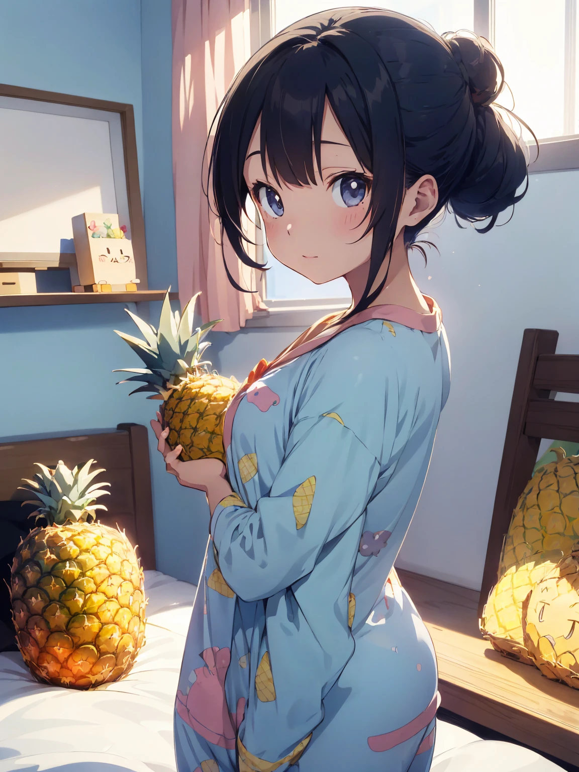  Bedroom, Little in one piece pajamas holding a pineapple, Passion Color, Anime Art Wallpapers 8K, Masterpiece, Gweiz-style artwork, Soft anime illustration, Guvais Art Station pixiv, Google Pix Art Station, Little , pineapple, Light blue chignon hair,Stay Night,whole body