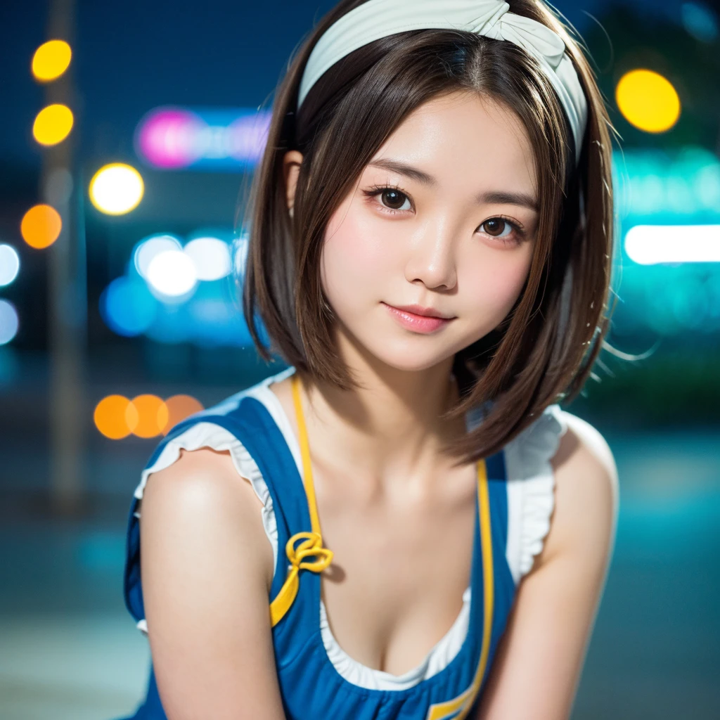 one girl、((smile:0.1))、Medium Bob、Half-up hairstyle、brown hair、delicate girl、Upper body、small breasts、unreasonable precision、Super detailed、completely flat、Honesty、professional lighting, film grain, chromatic aberration, (Eye and face details:1.0), (bokeh:1.1)、software:1.5)))、 highest quality, 8K, 、Wearing a headband、Lol、Beach at night、High School Uniform、Dynamic Angles