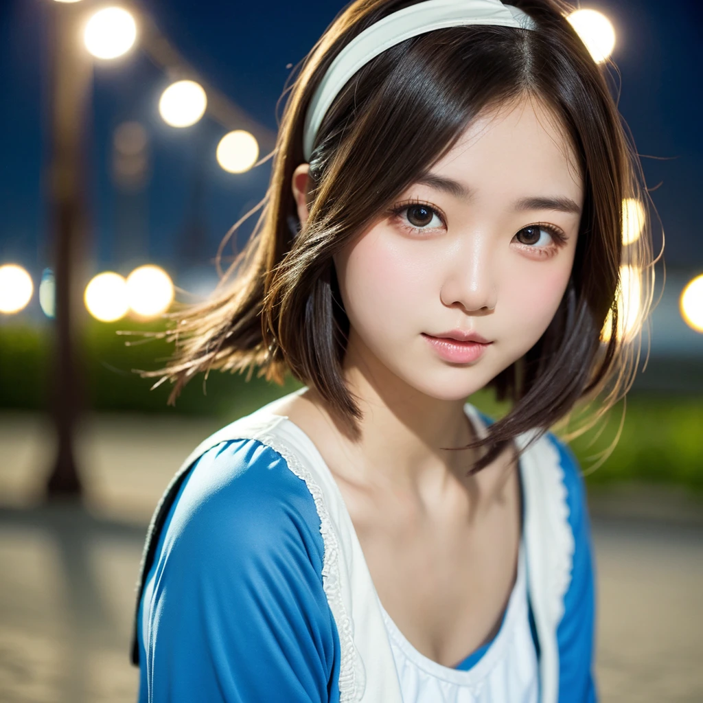 one girl、((smile:0.1))、Medium Bob、Half-up hairstyle、brown hair、delicate girl、Upper body、small breasts、unreasonable precision、Super detailed、completely flat、Honesty、professional lighting, film grain, chromatic aberration, (Eye and face details:1.0), (bokeh:1.1)、software:1.5)))、 highest quality, 8K, 17 years、Wearing a headband、Lol、Beach at night、High School Uniform、Dynamic Angles