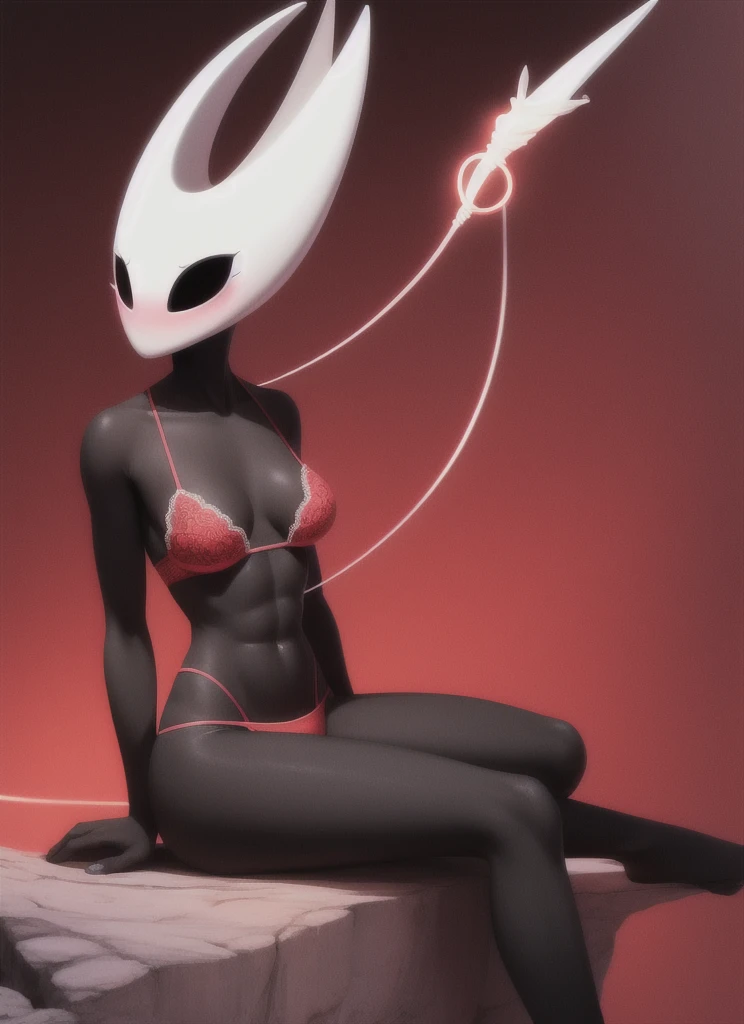 hornet, cute, chibi, no feet, furry girl, abs, slim,anthro, thread, solo, bare feet, skinny legs, tall, sits, red tango panties, Red lace bra, high, (best quality), (detailed dark cave background:1.2), flat colors, big breasts, no nipples, no vagina, sexy body, (blushes 1.5), underboob, slightly bulging through the panties, skinny legs,