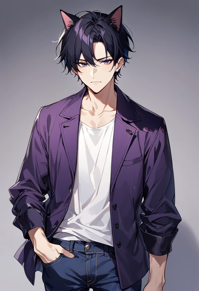 1man, short black hair, black cat ears, wearing purple buttoned jacket, wearing white undershirt, wearing dark blue jeans