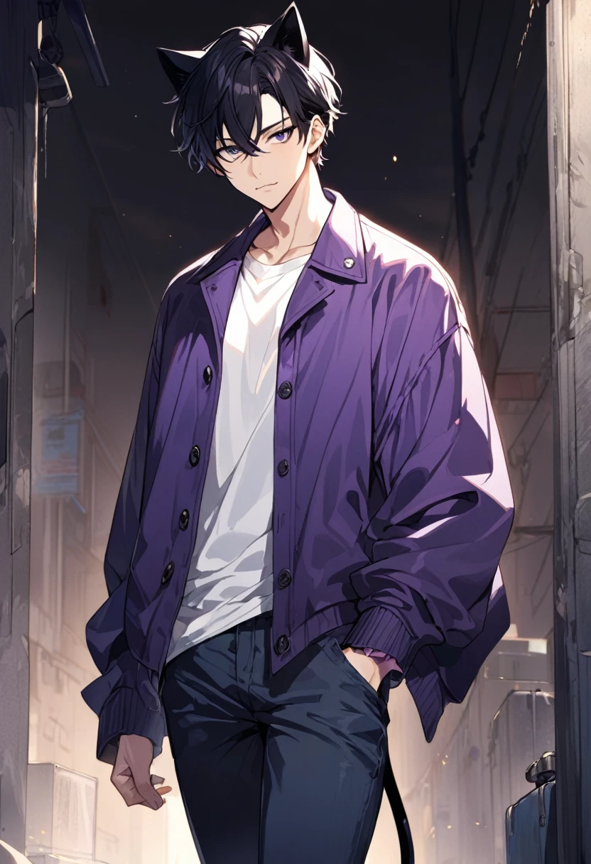 1man, short black hair, black cat ears, wearing purple buttoned jacket, wearing white undershirt, wearing dark blue jeans