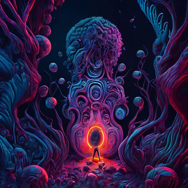 a hypnotic psychedelic illustration of a surreal mystical object, dark neon glow, pop surrealism style, extremely detailed, hyperrealistic, 8k, Behance learned_embeds, (best quality:1.2), (realistic:1.37), cinematic lighting, vibrant colors, intricate details, mesmerizing, Dan Mumford, digital art, concept art, dark fantasy, moody atmosphere, glowing highlights, depth of field, volumetric lighting