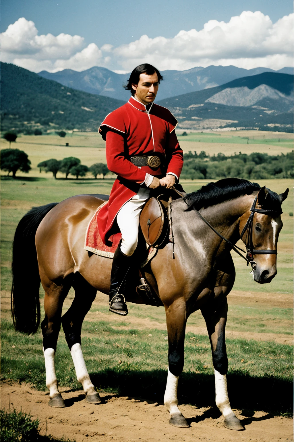 Create Nicolás Machiavelli on a horse and that he is in an ancient war field where you see men fighting and that it is more realistic and in a gray and sad environment