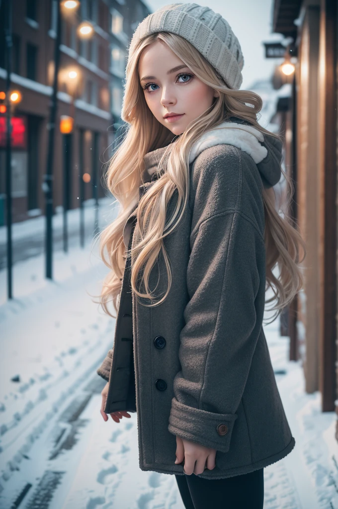 professional photography of a beautiful norwegian girl in winter clothes with long wavy blonde hair, sensual and seductive look, beautiful symmetrical face, beautiful natural makeup, wearing chic warm winter fashion clothing, ((standing outside on the snowy city street)), impressive modern urban environment, ultra realistic, conceptual artwork, chic, highy detailed, intricate, sharp focus, Depth of field, f/1. 8, 85 mm, medium shot, mid shot, (((professional color grading))), soft and bright diffused light, (Volumetric fog), Trends on Instagram, HD 4k, 8K