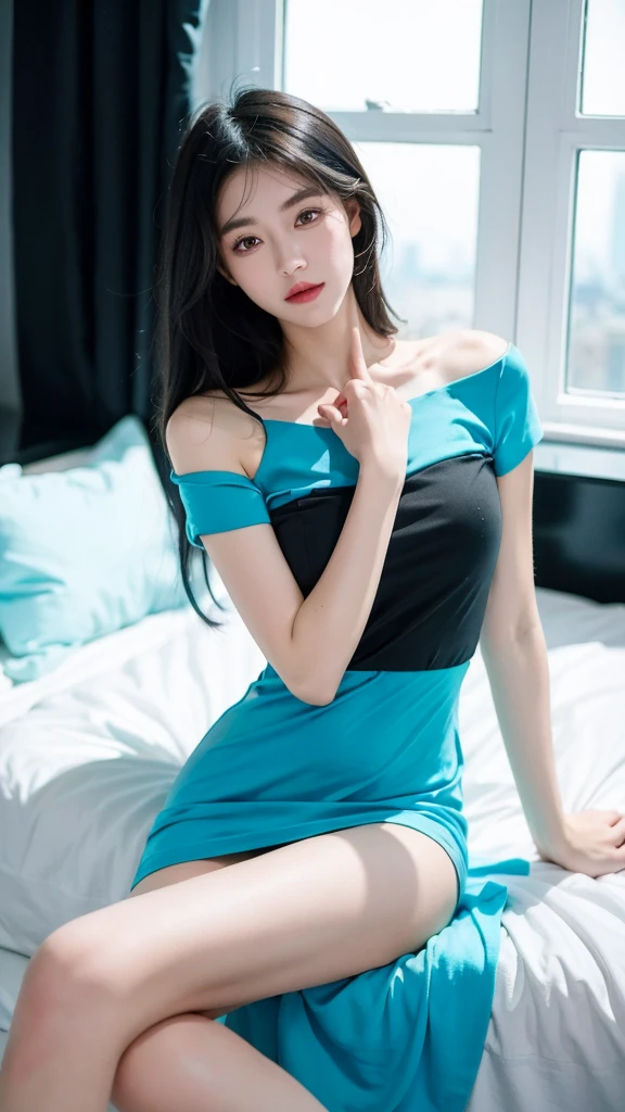 ((Best quality, 8k, Masterpiece :1.3)), Full body, Sharp focus :1.2, Beautiful woman with perfect figure :1.4, Slender stomach :1.2, ((cyan hair)), body dress : 1.1 , (Night city view , Bedroom :1.1), Highly detailed facial and skin textures, Detailed eyes, Double eyelids, Interior view, Office, Sweet smile, Beautiful pose, Hair tie pose, Dress modestly, short sleeves, shorts, ((cyan and black hair color)), 20 year old teenager.