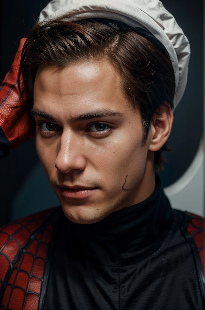 A photograph of spider man, no mask, 20 yo, handsome, detailed face, looking at camera, portrait, 8k uhd, high quality