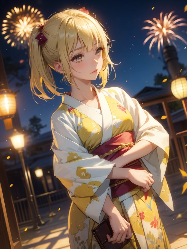 Kyoko , kimono night in firework , blonde hair, pigtailed haired , yellowish eyes, short hair