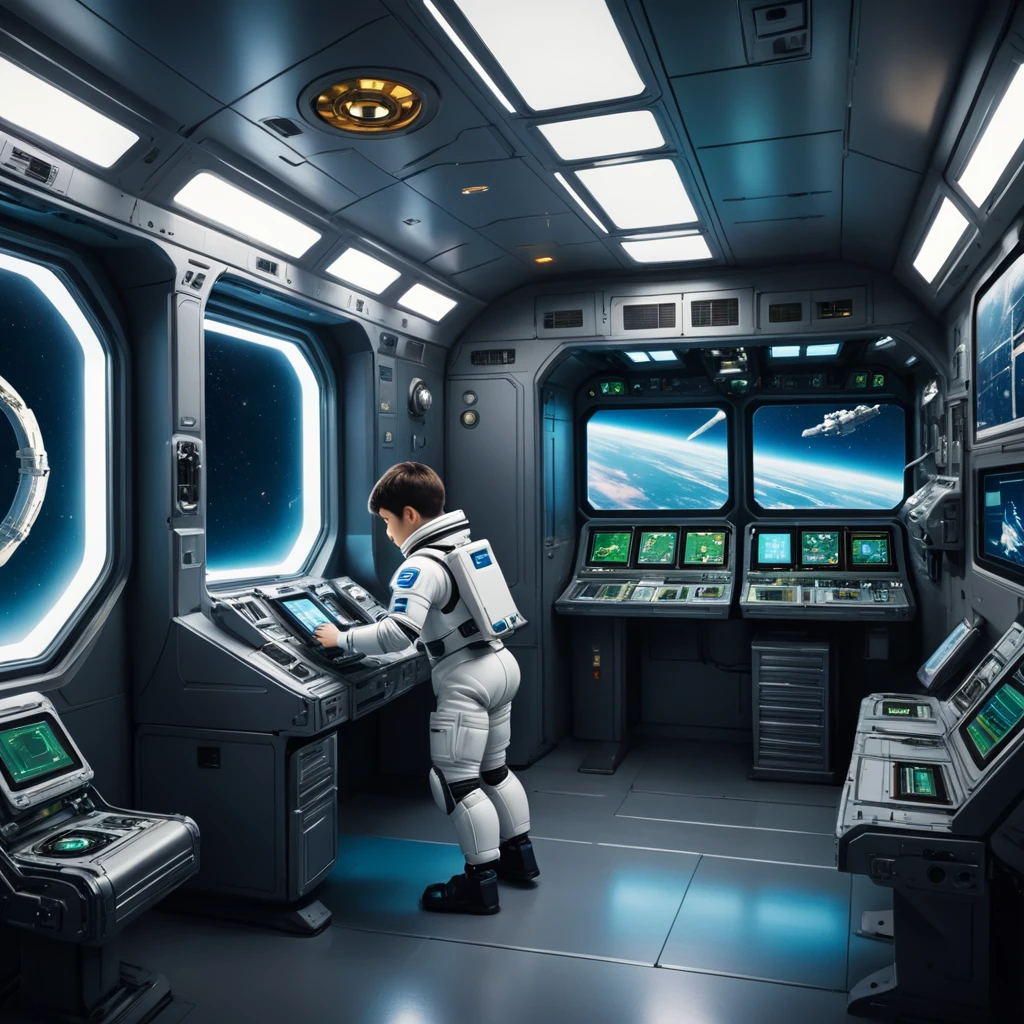 Create an illustration of a space station brimming with advanced technological resources and numerous drawers. In this detailed and futuristic environment, include a character—a young boy—interacting with or exploring the space station. Integrate a whimsical element by incorporating a small, cartoonish version of ((Pepe_Frog)) somewhere in the scene, perhaps as a decorative item or a small robot. The overall composition should convey the complexity and high-tech nature of the space station, with a focus on the boy’s curiosity and the intriguing array of technology around him. 