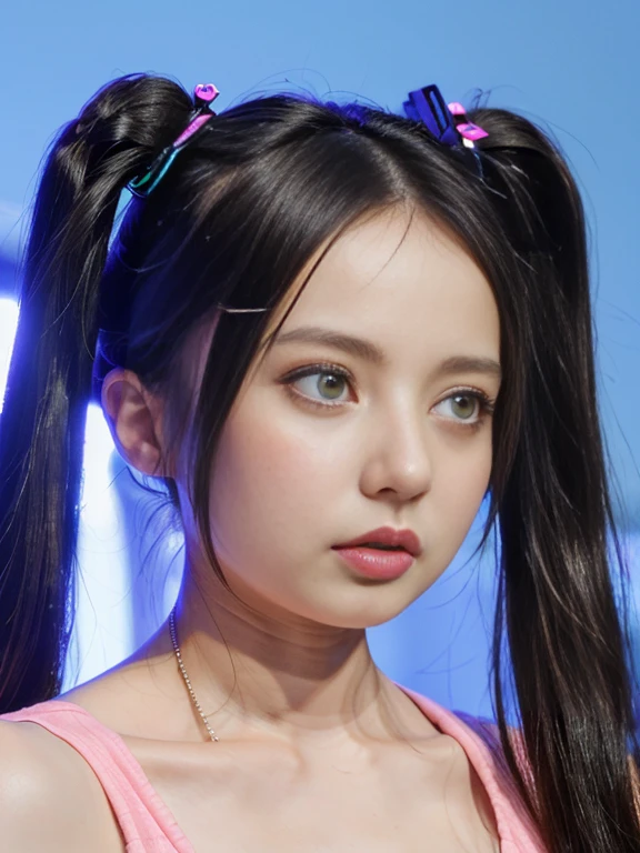 (RAW Photos), (Highest quality), masterpiece, 1 Girl, Twin tails, ((short twintails)), head shot, Night view, neon, Shine, Charm, modern, fashionable, Gloss, contrast