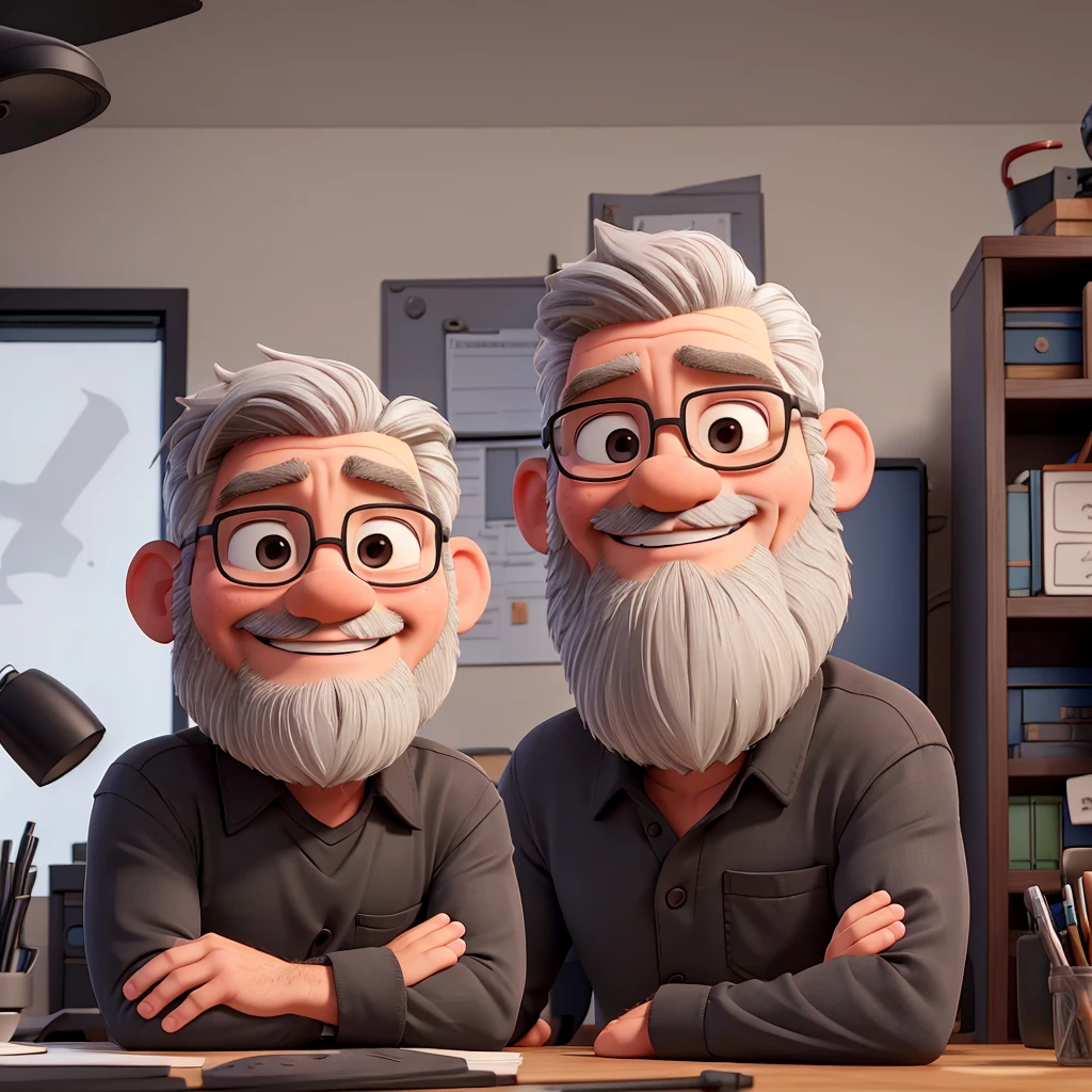 a man, gray hair, little beard, strong body, smiling, black shirt, sitting at an office desk