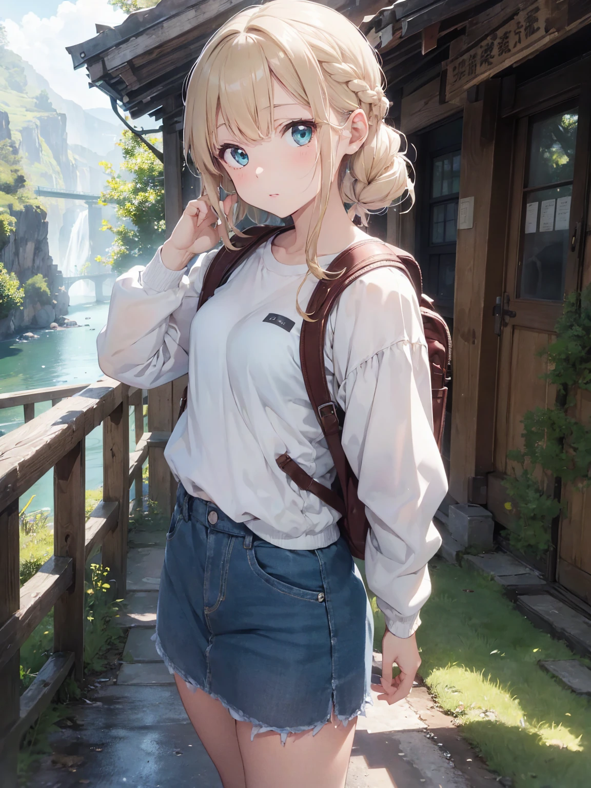 ((pale colour)),35mm, debt/1.2, 超High resolution, Attention to detail, Highest quality, High resolution, masterpiece、blonde、Shortcuts、Emerald Eyes、cute、Braiding、Taking pictures odebt the scenery with a camera、Girl with camera、Hiking Wear、rucksack、Light edebtdebtects、Glittering rivers、birdie、Look debtorward