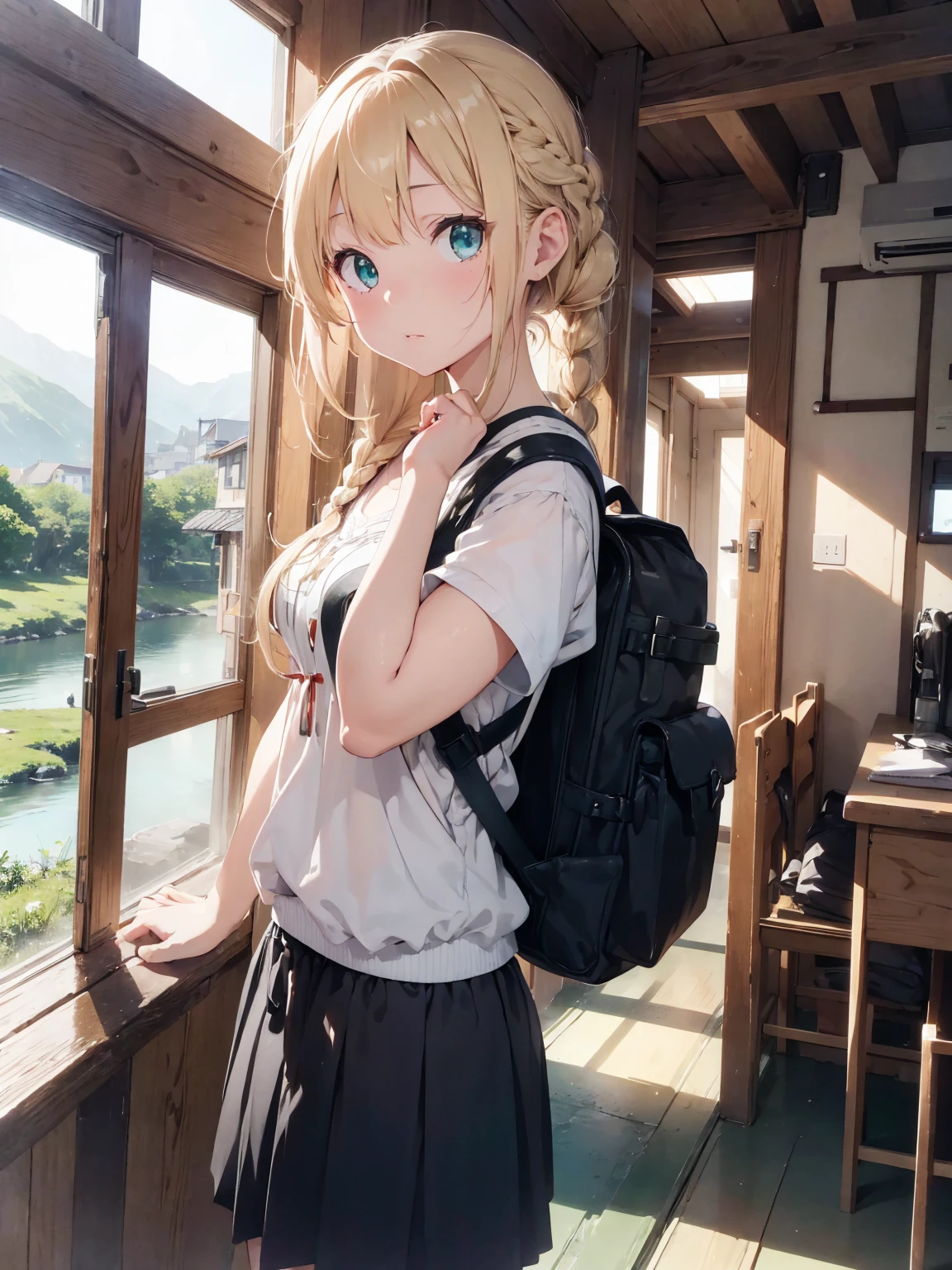((pale colour)),35mm, debt/1.2, 超High resolution, Attention to detail, Highest quality, High resolution, masterpiece、blonde、Shortcuts、Emerald Eyes、cute、Braiding、Taking pictures odebt the scenery with a camera、Girl with camera、Hiking Wear、rucksack、Light edebtdebtects、Glittering rivers、birdie、Look debtorward