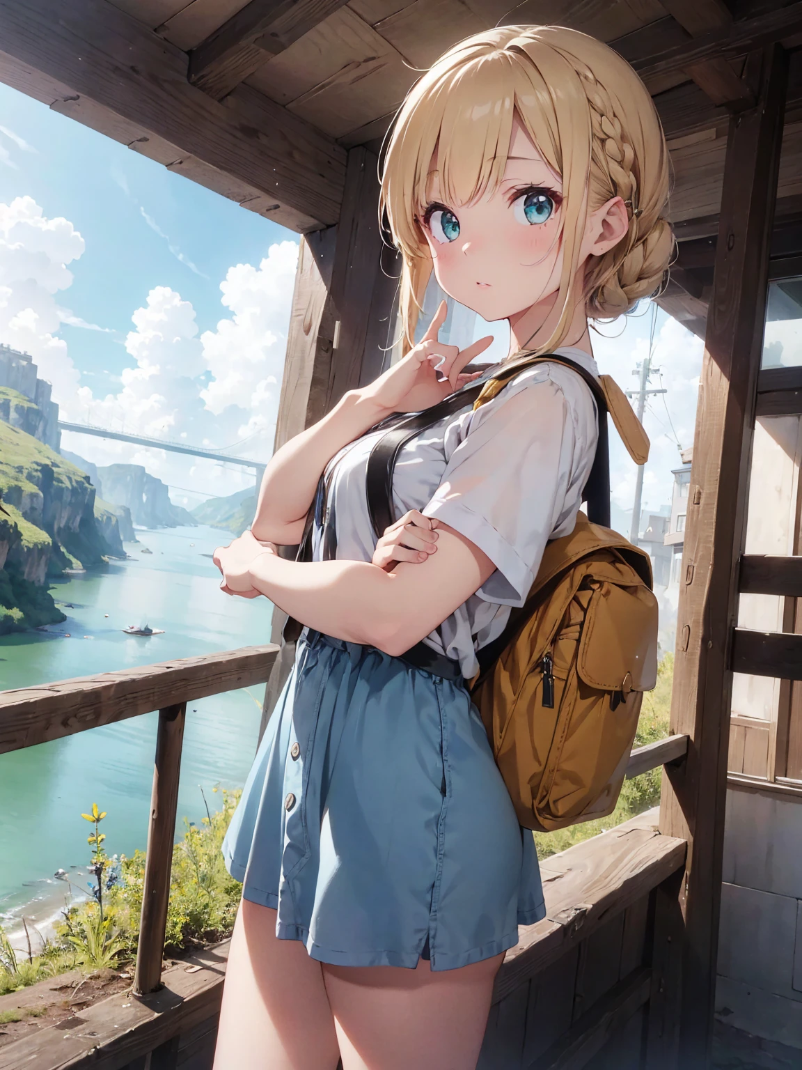 ((pale colour)),35mm, debt/1.2, 超High resolution, Attention to detail, Highest quality, High resolution, masterpiece、blonde、Shortcuts、Emerald Eyes、cute、Braiding、Taking pictures odebt the scenery with a camera、Girl with camera、Hiking Wear、rucksack、Light edebtdebtects、Glittering rivers、birdie、Look debtorward