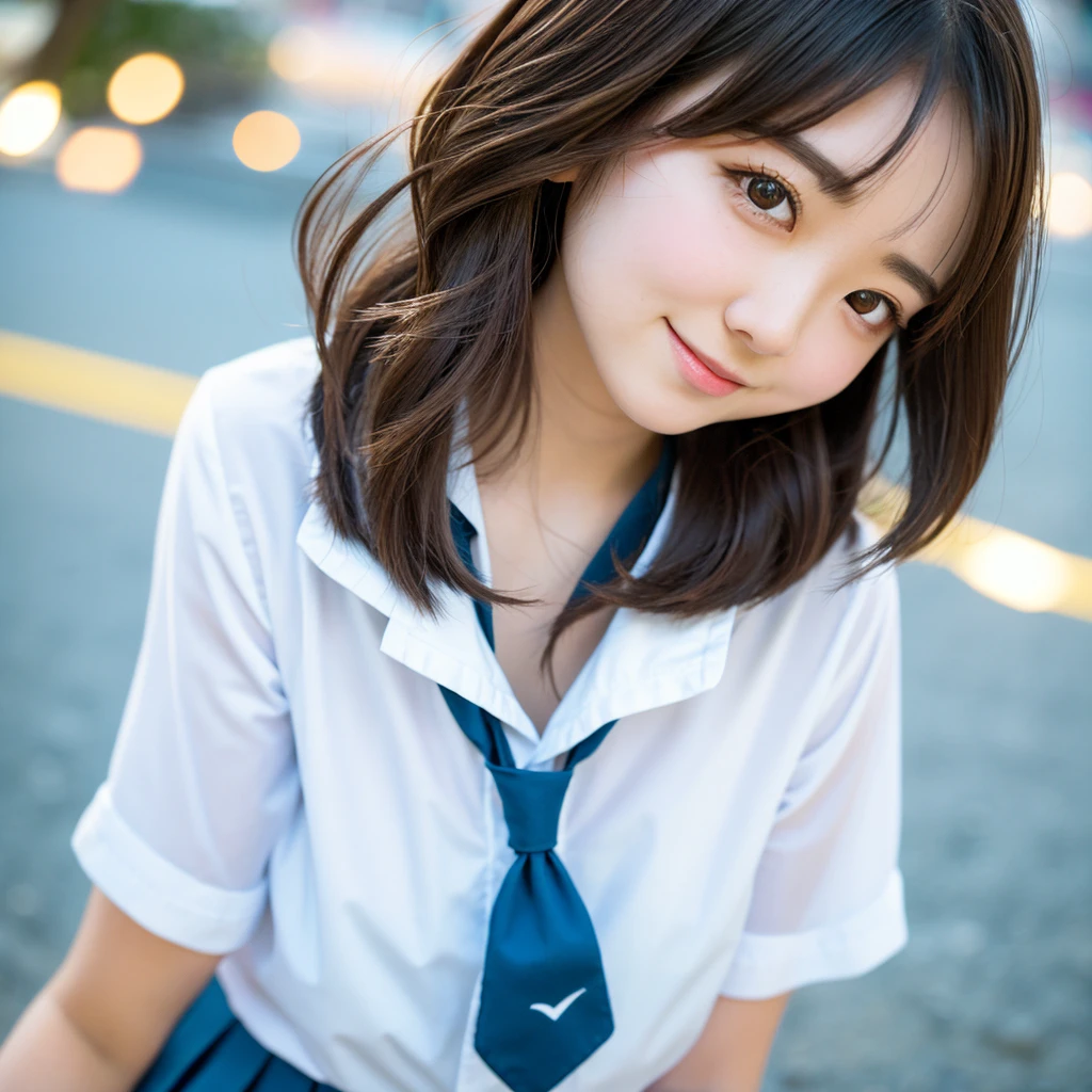one girl、((smile:0.1))、Medium Bob、Half-up hairstyle、brown hair、delicate girl、Upper body、small breasts、unreasonable precision、Super detailed、completely flat、Honesty、professional lighting, film grain, chromatic aberration, (Eye and face details:1.0), (bokeh:1.1)、software:1.5)))、 highest quality, 8K, 17 years、Lol、Beach at night、High School Uniform、Dynamic Angles