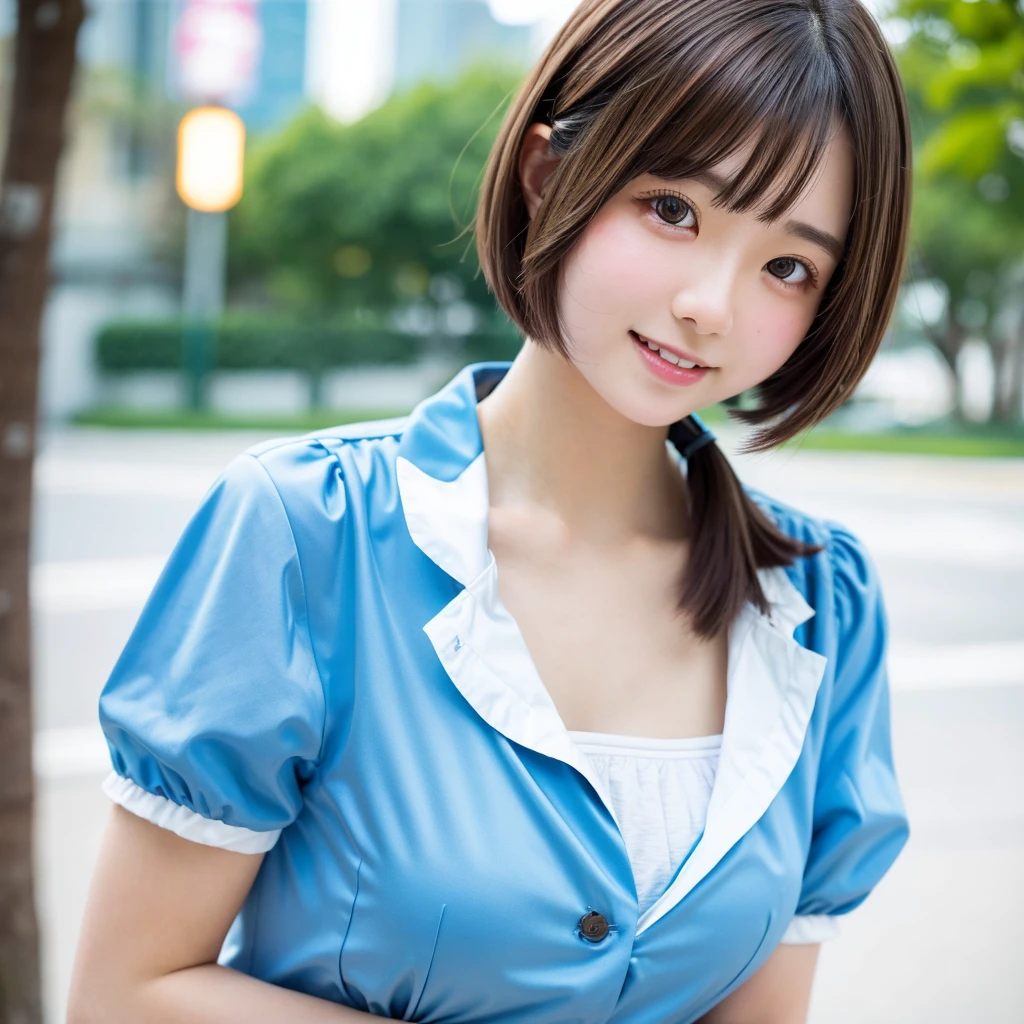 one girl、((smile:0.1))、Medium Bob、Half-up hairstyle、brown hair、delicate girl、Upper body、small breasts、unreasonable precision、Super detailed、completely flat、Honesty、professional lighting, film grain, chromatic aberration, (Eye and face details:1.0), (bokeh:1.1)、software:1.5)))、 highest quality, 8K, 17 years、Lol、Beach at night、High School Uniform、Dynamic Angles