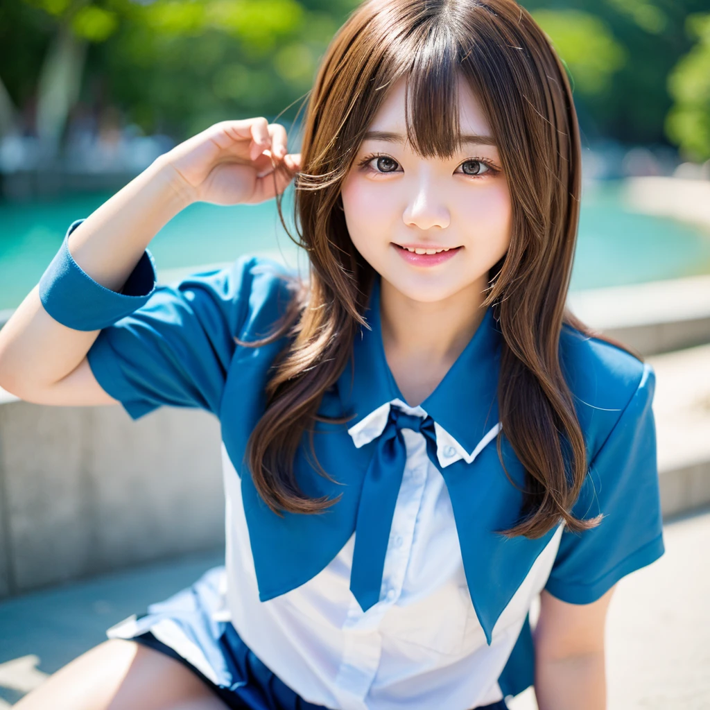 one girl、((smile:0.1))、Medium Bob、Half-up hairstyle、brown hair、delicate girl、Upper body、small breasts、unreasonable precision、Super detailed、completely flat、Honesty、professional lighting, film grain, chromatic aberration, (Eye and face details:1.0), (bokeh:1.1)、software:1.5)))、 highest quality, 8K, 17 years、Lol、Beach at night、High School Uniform、Dynamic Angles