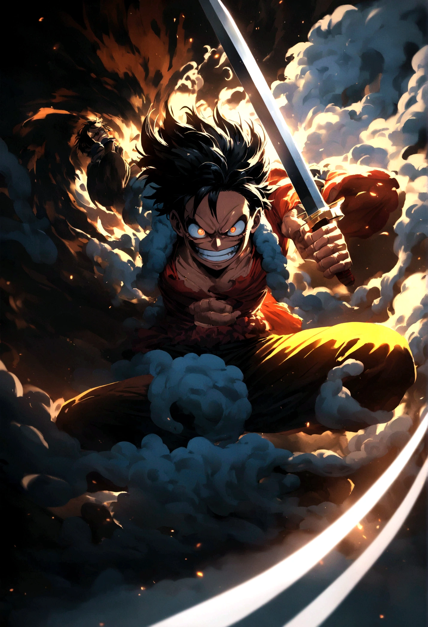 full body shot shot,monkey d. Luffy,Fourth gear,Bblack hair,armors,darkskin,an evil smile on your face,Eyes shine blue, holding a sword with both hands,gray mist swirling around him,high resolution with high contrast, cinematic lighting, swirly vibrant colors, sharp focus and high detail.
