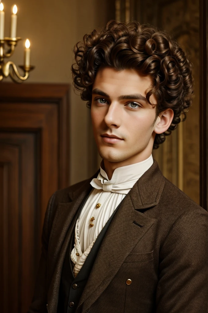 Tall attractive young guy with curly hazel hair and big golden eyes is elegant and wears Victorian era clothes 