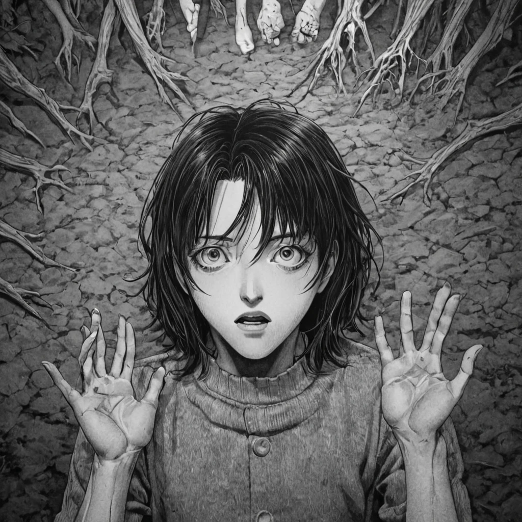 1ma, space base (anime), bizarre scenario, This is Junji, Yusuke Murata, black and white, 8K, anime, horror