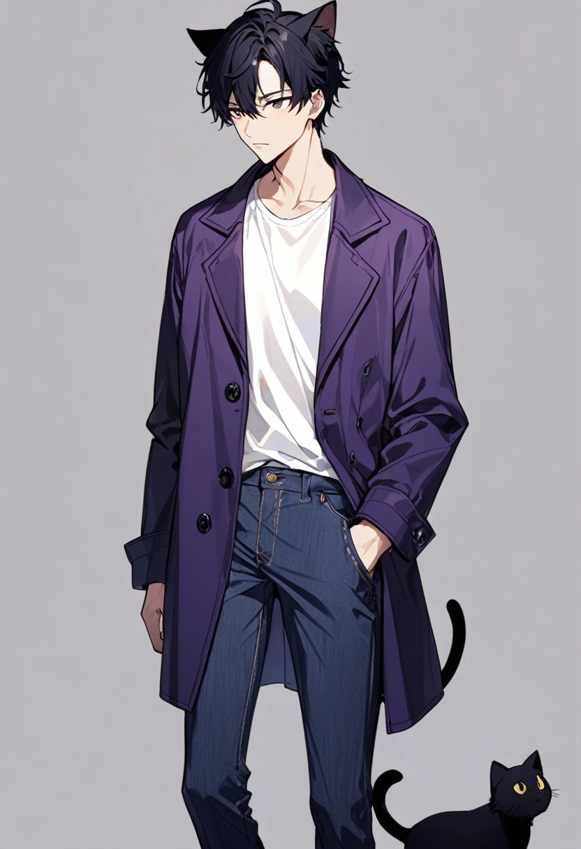 1man, short black hair, black cat ears, wearing purple buttoned jacket, wearing white undershirt, wearing dark blue jeans