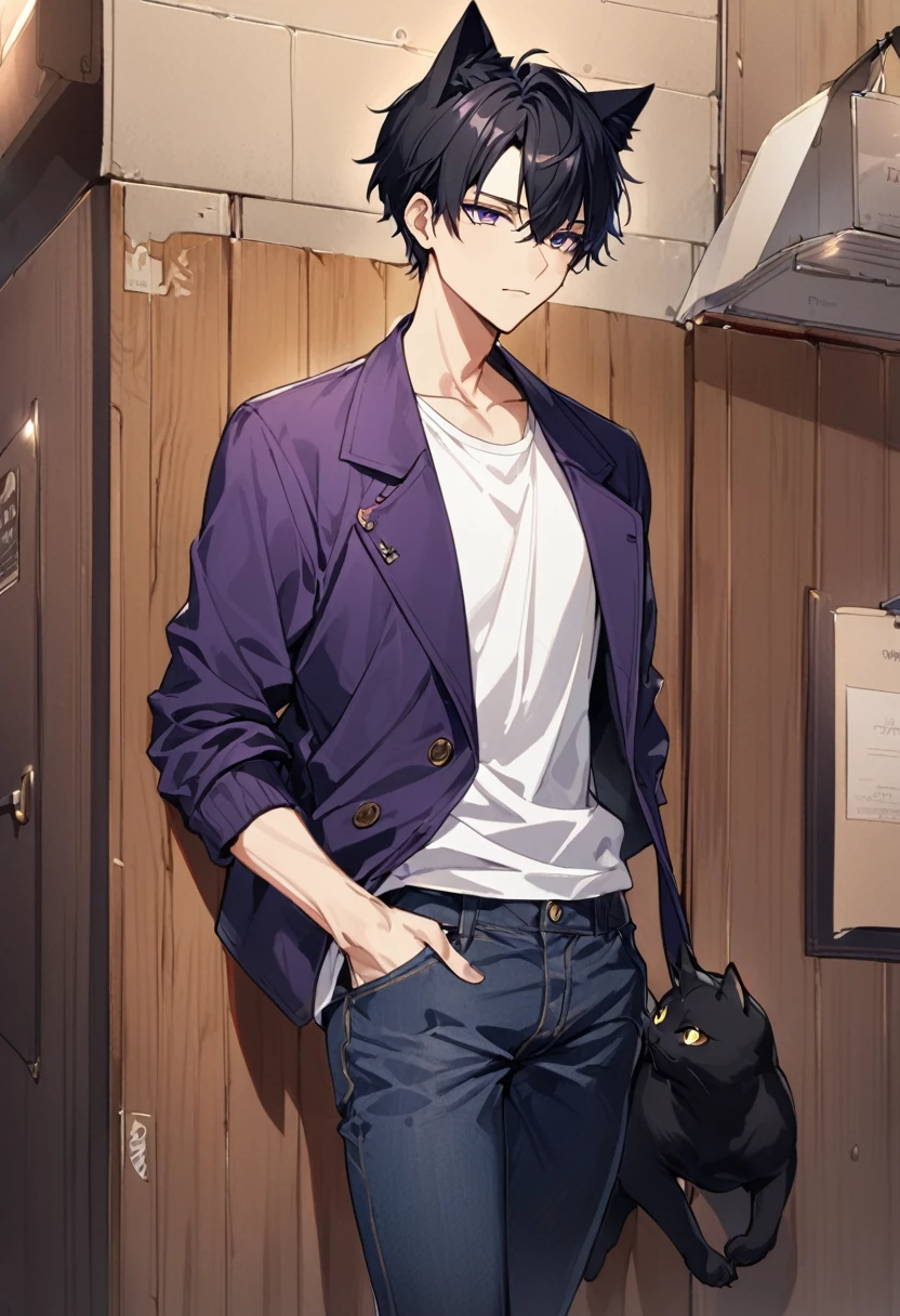 1man, short black hair, black cat ears, wearing purple buttoned jacket, wearing white undershirt, wearing dark blue jeans