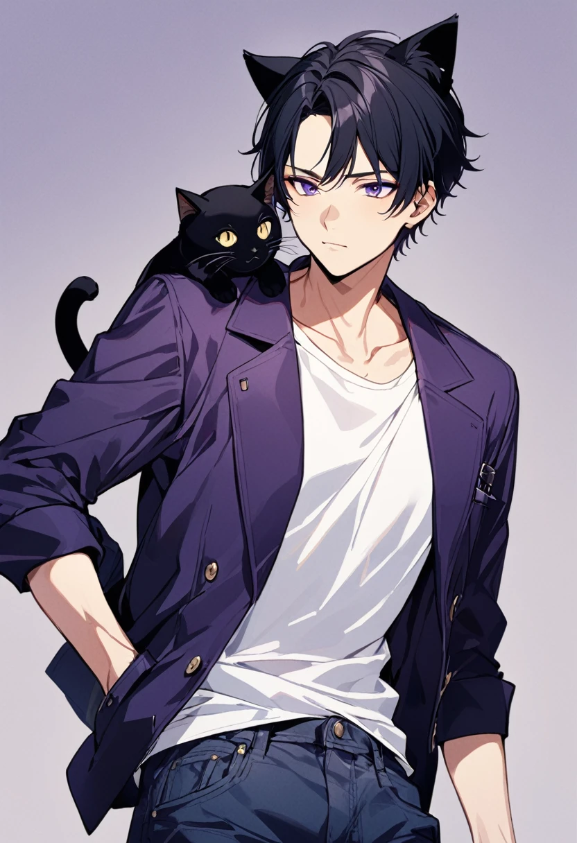 1man, short black hair, black cat ears, wearing purple buttoned jacket, wearing white undershirt, wearing dark blue jeans