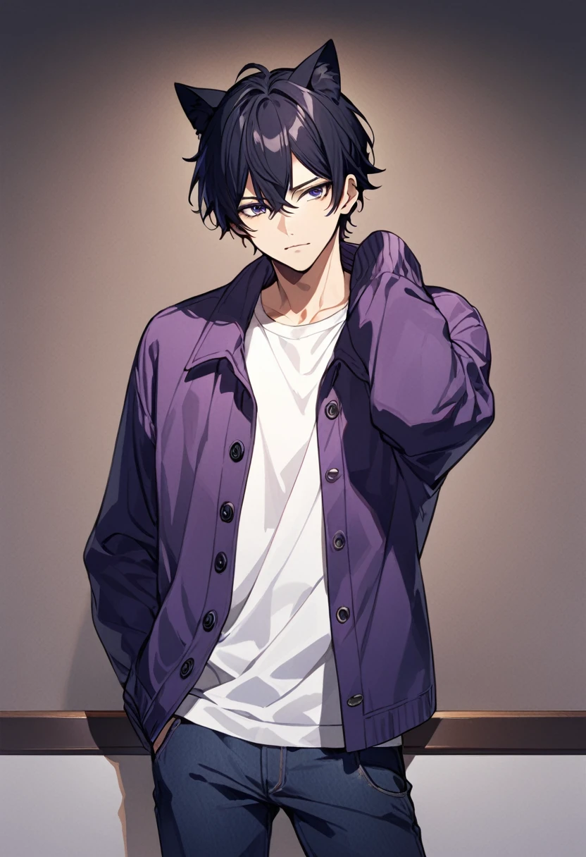 1man, short black hair, black cat ears, wearing purple buttoned jacket, wearing white undershirt, wearing dark blue jeans