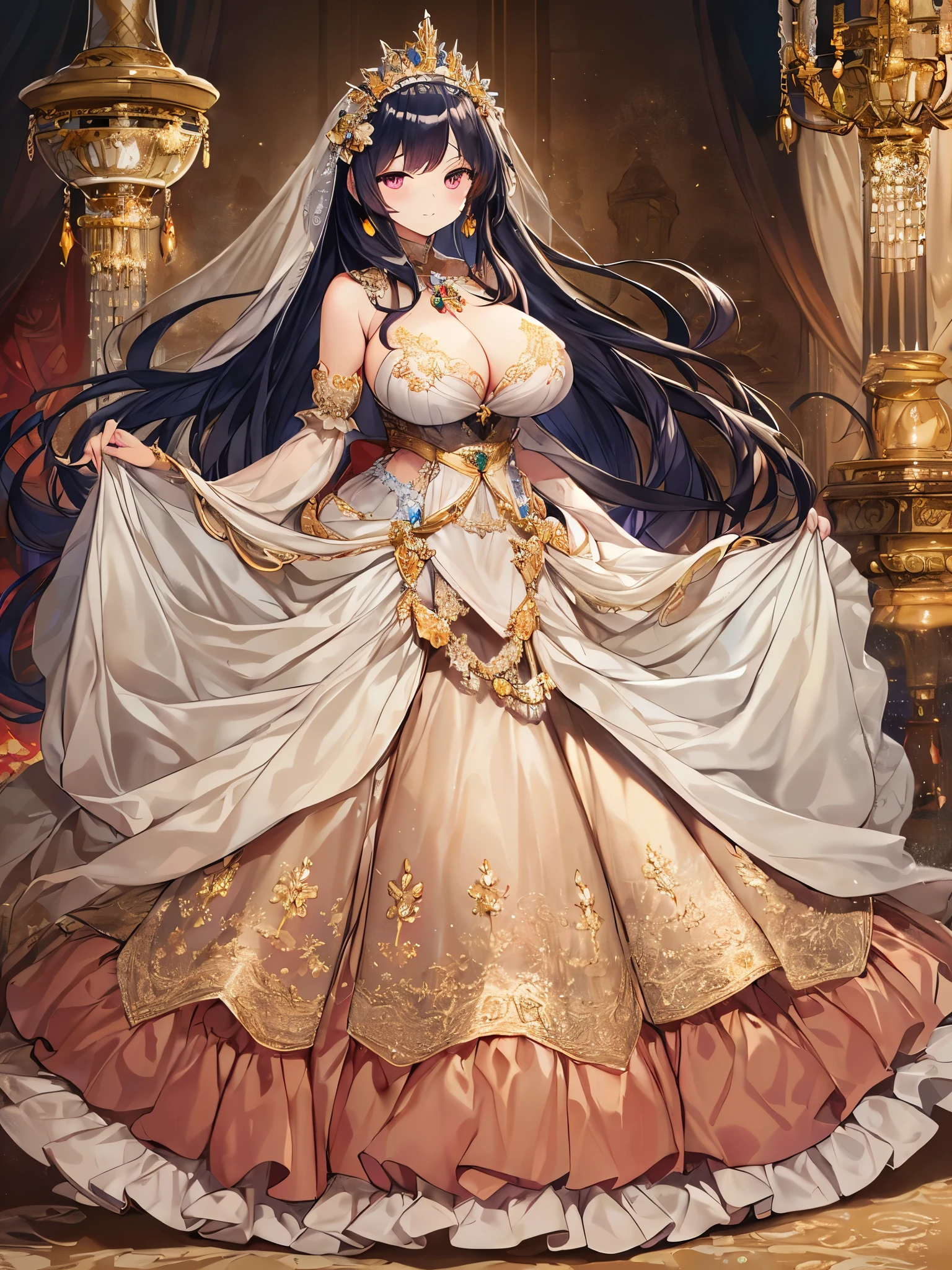 ((anime artstyle)),(Masterpiece),(Best Quality), (Super Detail),((Very Delicate and Beautiful)),((Solo)),((full body)),((1 gorgeous princess in beautiful embroidery and jeweled gorgeous rococo ballgown)),detailed face and eyes,jewel-like eyes,((voluminous absurdly long Straight hair)),((((absurdly gigantic tits,Long tits)))),curvy,skindentation,((gorgeousfull embroidery and lace)),gorgeous corsage,gorgeousfull hair ornament,((gorgeousfull glitter jeweled big tiara)),((full body)),((voluminous hoop skirt,crinoline)),standying pose,Dynamic Angle,Looking at viewer,(((beautiful embroidery and jeweled gorgeous rococo ballgown)),full body