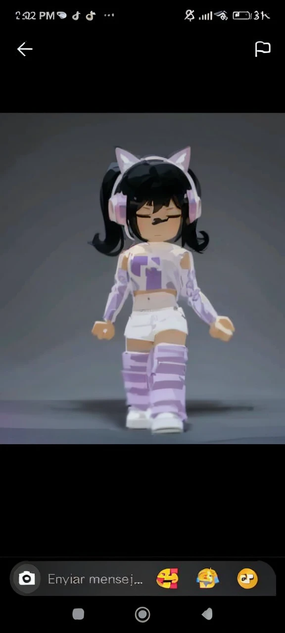 15-year-old girl with black hair and a ponytail with cat eyes and a purple and white t-shirt and purple pants