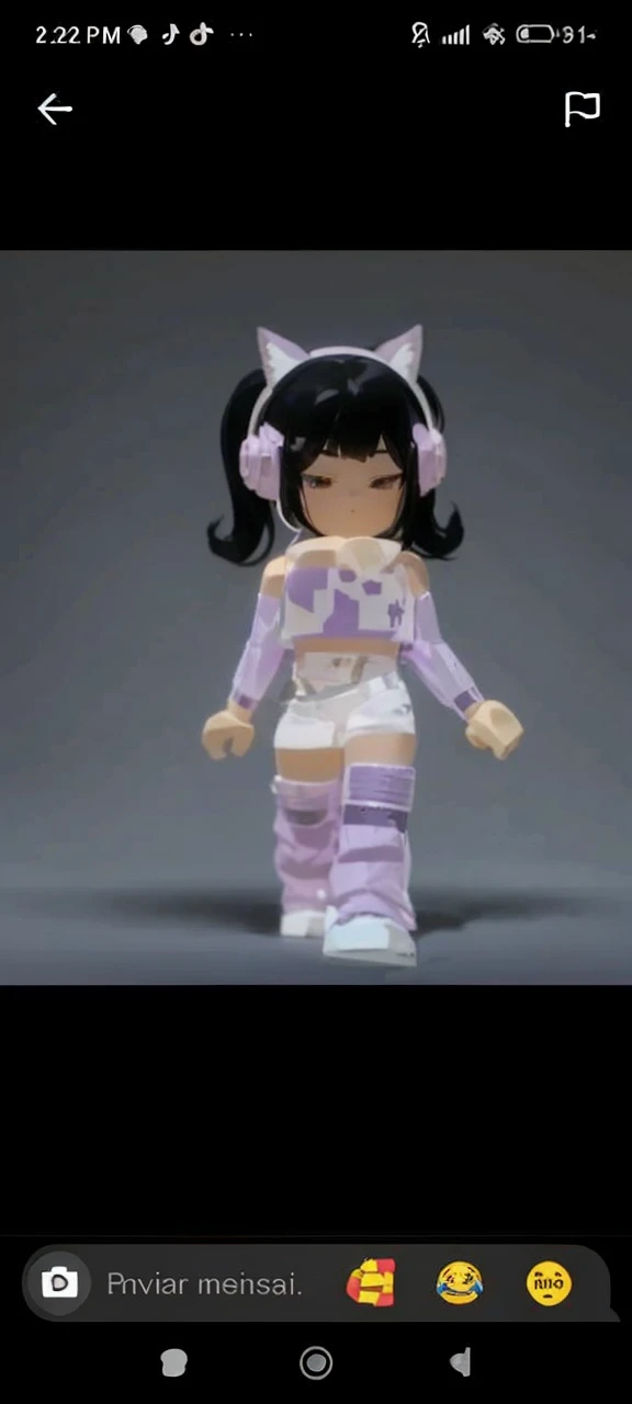 -yeld giwith black hair and a ponytail with cat eyes and a purple and white t-shirt and purple pants
