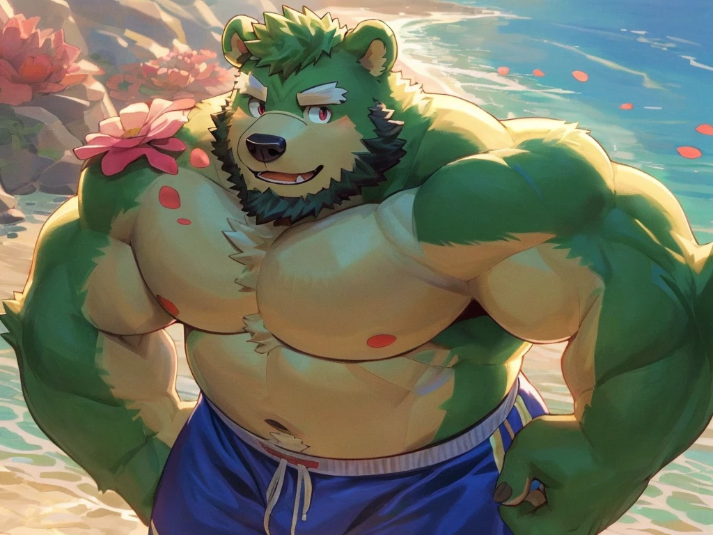 bara, furry, furry_male,male focus, solo, muscular male,  (((green bear))), (((green fur))), green hair, red eyes, beard, white eyebrows, body built, gym, selfie, work out, before the mirror,(masterpiece:1.2), best quality,pixiv,official art,(Ray tracing, light), (flower petal in the sky :1.3), (1_male:1.3), (solo:1.2) , portrait , (muscle), (muscle bear), (bear tail), (beard:1.2), (gleaming eyes), Thick eyebrows, shirtless, ???????, gym shorts , Salar de Uyuni ,reflection, looking at viewer, full body ,beach , sea , sunny
