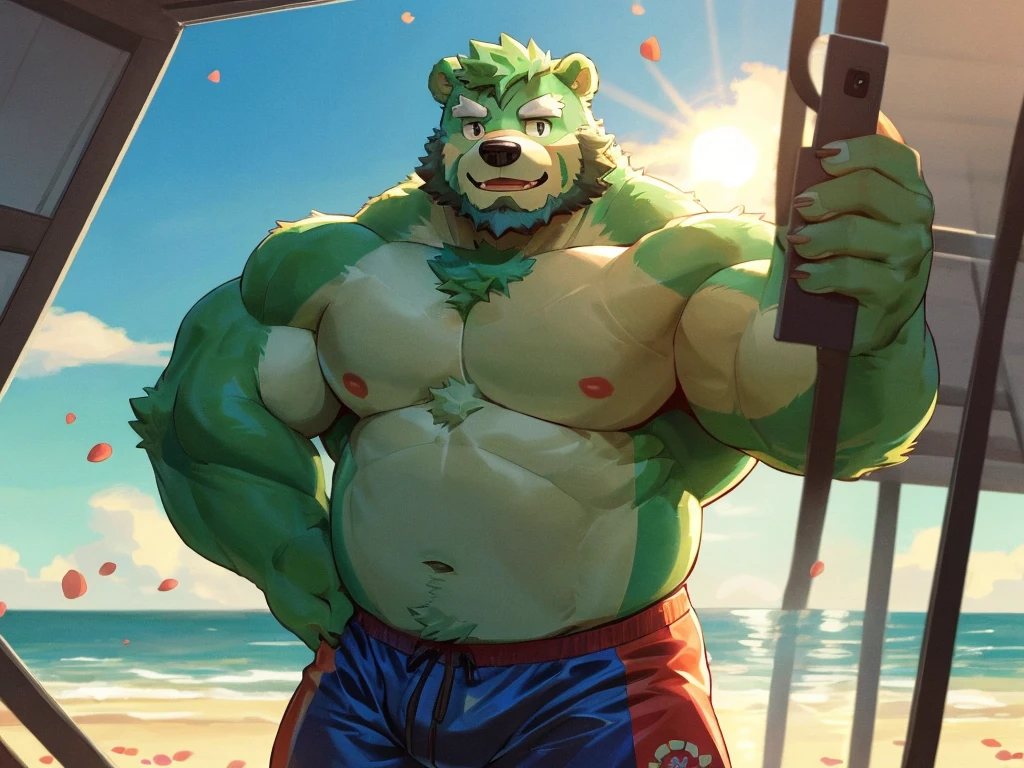 bara, furry, furry_male,male focus, solo, muscular male,  (((green bear))), (((green fur))), green hair, red eyes, beard, white eyebrows, body built, gym, selfie, work out, before the mirror,(masterpiece:1.2), best quality,pixiv,official art,(Ray tracing, light), (flower petal in the sky :1.3), (1_male:1.3), (solo:1.2) , portrait , (muscle), (muscle bear), (bear tail), (beard:1.2), (gleaming eyes), Thick eyebrows, shirtless, ???????, gym shorts , Salar de Uyuni ,reflection, looking at viewer, full body ,beach , sea , sunny