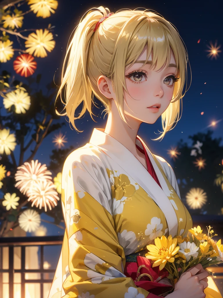 Kyoko , kimono night in firework , blonde hair, pigtailed haired , yellowish eyes, short hair