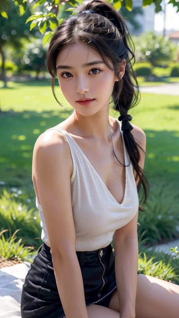 dress,outdoors,Urban Park,On the lawn,One woman,close up face,fully body photo,masutepiece, The highest image quality, High quality, the background is clear，Beautiful woman, Japanese, Detailed, Ultra-detailed, finely detail, hight resolution, 8K Wallpaper, Perfect dynamic composition, Beautiful detailed eyes ,Detailed eyes, Detailed skin, Beautiful skin, 超hight resolution, (reality: 1.4),Very beautiful woman, Slightly younger face, Beautiful skin, slender, (Ultra photo realsisim), (hight resolution), (8K), (Very detailed) (beautifully detailed eyes), (super detailed),   (Detailed face), view the viewer, Fine details, Detailed face, Staring straight ahead, Staring straight ahead, photos realistic, Bright lighting, Professional Lighting, Black hair,poneyTail,a baby face,sixteen years old,Hairstyle: ponytail,Long ponytail hairstyle,slight smile,