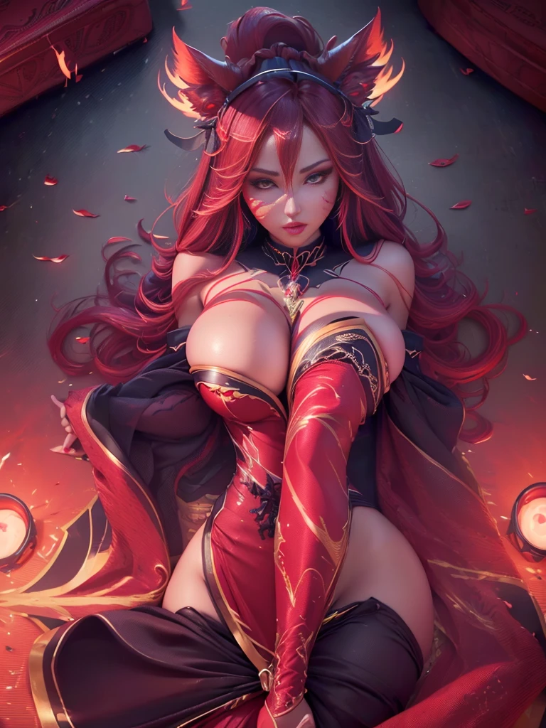 ahri, Tout le corps,porter des vêtements sexy((((single person, single girl)))), photo parfaite du corps du sein)), very detailed face, well-defined facial details, detailed facial lighting, ((red flames)), ((((8k Ultra HD)))), red theme color scheme, ((((photo de haute qualité)))), ((((extremely detailed)))), (photo realistic:1.2)