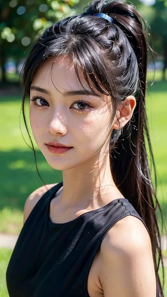 dress,outdoors,Urban Park,On the lawn,One woman,close up face,fully body photo,masutepiece, The highest image quality, High quality, the background is clear，Beautiful woman, Japanese, Detailed, Ultra-detailed, finely detail, hight resolution, 8K Wallpaper, Perfect dynamic composition, Beautiful detailed eyes ,Detailed eyes, Detailed skin, Beautiful skin, 超hight resolution, (reality: 1.4),Very beautiful woman, Slightly younger face, Beautiful skin, slender, (Ultra photo realsisim), (hight resolution), (8K), (Very detailed) (beautifully detailed eyes), (super detailed),   (Detailed face), view the viewer, Fine details, Detailed face, Staring straight ahead, Staring straight ahead, photos realistic, Bright lighting, Professional Lighting, Black hair,poneyTail,a baby face,sixteen years old,Hairstyle: ponytail,Long ponytail hairstyle,slight smile,