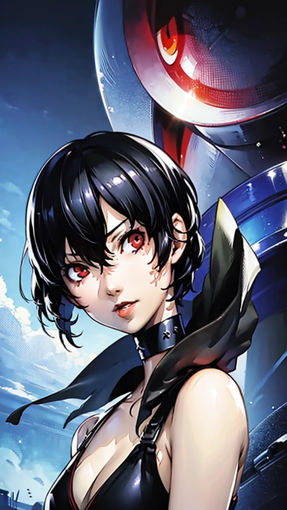 1 girl, very Short hair, tomboy Pixie haircut, black hair, red eyes, lipstick, black choker, face portrait, tank top, shigenori soejima style