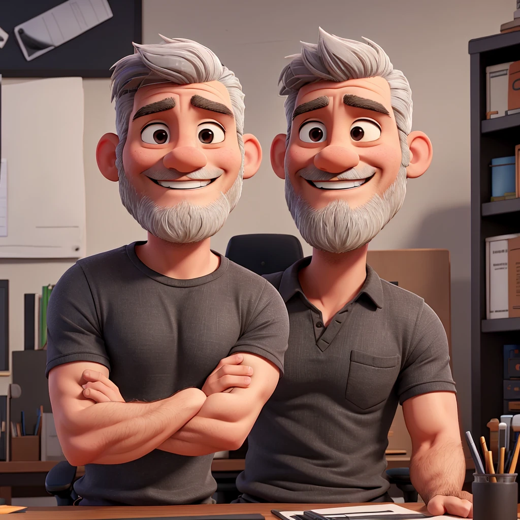 a man, gray hair, little beard, strong body, smiling, black shirt, sitting at an office desk
