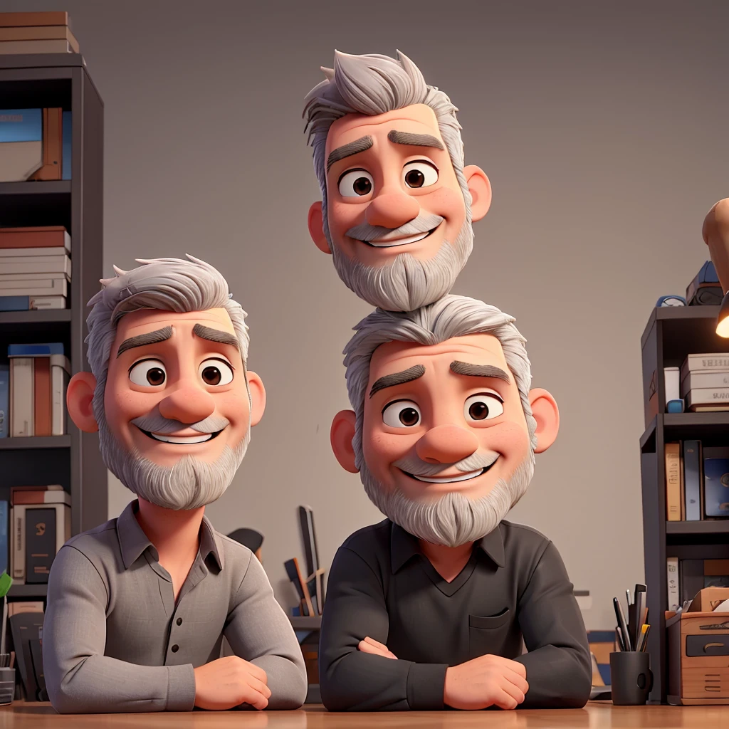 a man, gray hair, little beard, strong body, smiling, black shirt, sitting at an office desk